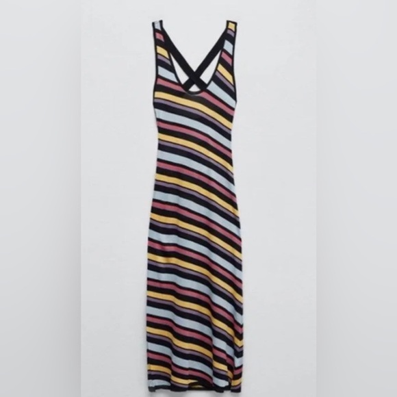 ZARA black‎ Yellow diagonal striped back laceup KNIT maxi DRESS size medium new - Picture 4 of 7